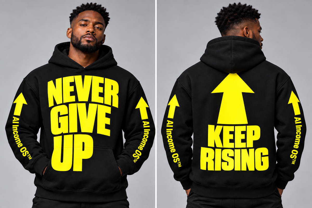 NEVER GIVE UP, KEEP RISING! — AI Income OS™ Hoodie