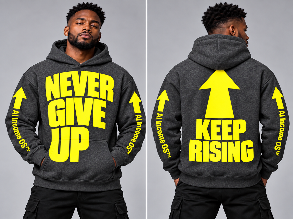 NEVER GIVE UP, KEEP RISING! — AI Income OS™ Hoodie
