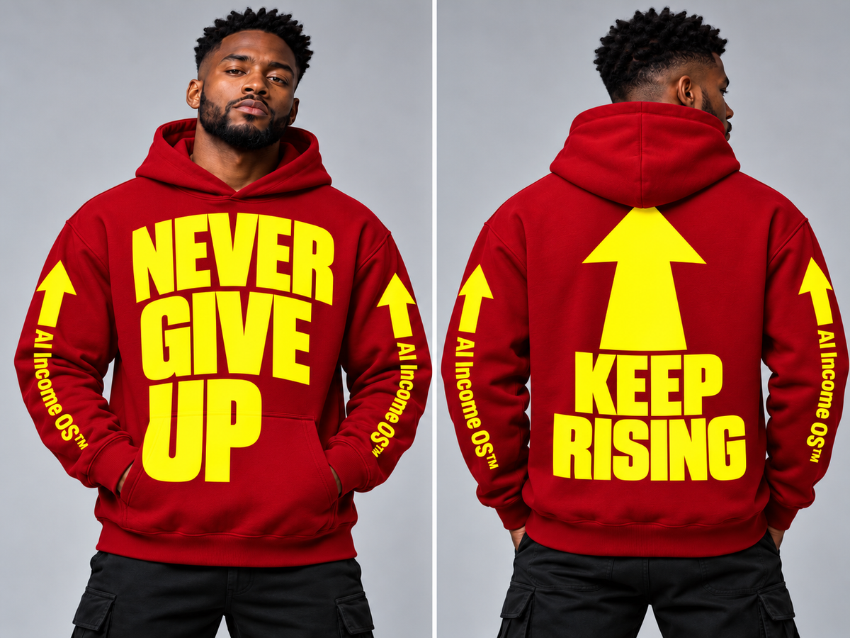 NEVER GIVE UP, KEEP RISING! — AI Income OS™ Hoodie