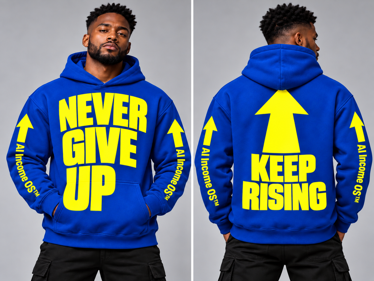 NEVER GIVE UP, KEEP RISING! — AI Income OS™ Hoodie