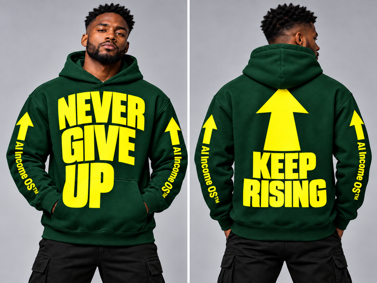 NEVER GIVE UP, KEEP RISING! — AI Income OS™ Hoodie